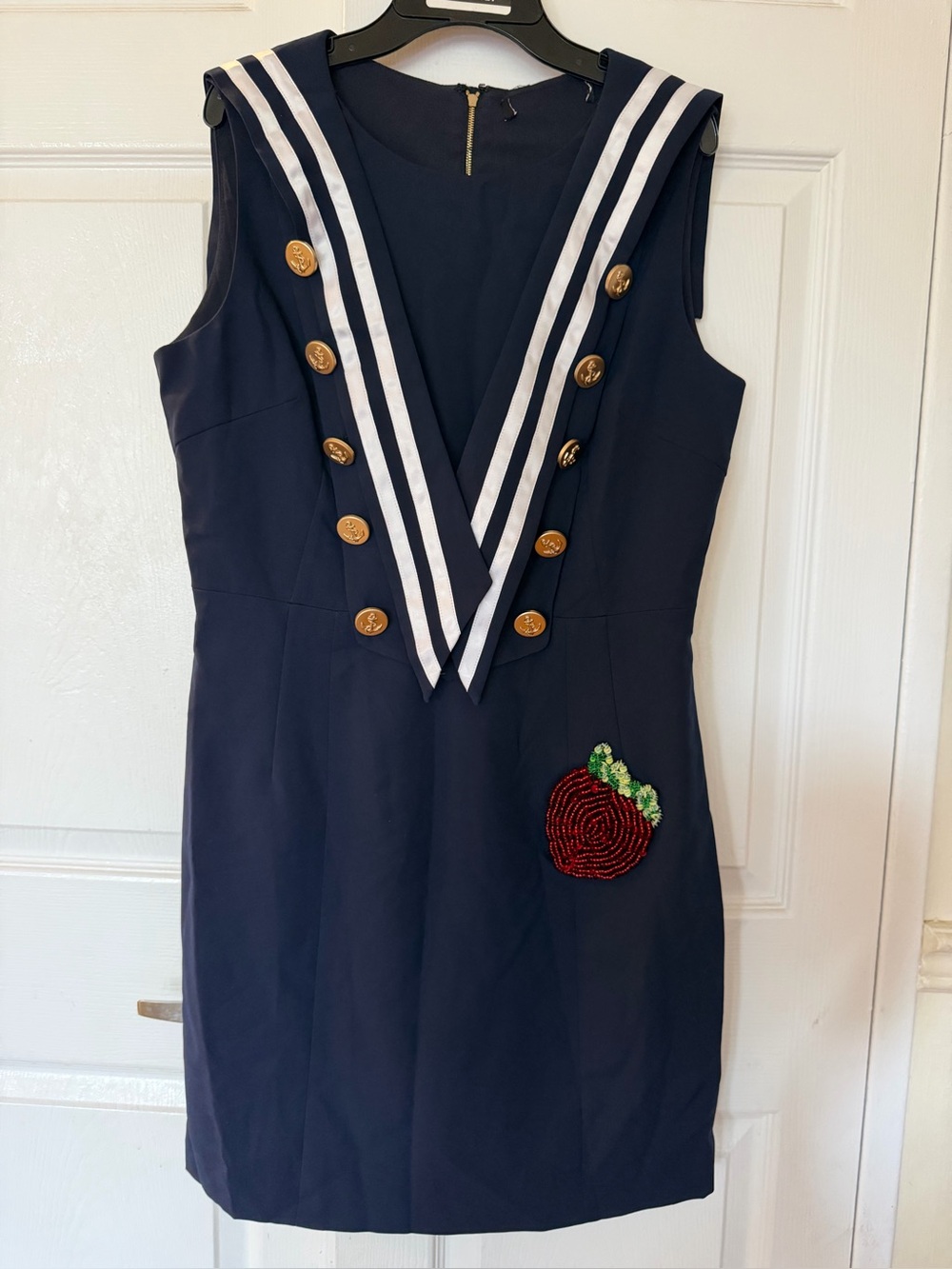 Navy Sailor Dress with Gold Buttons and Red Sequin Apple
